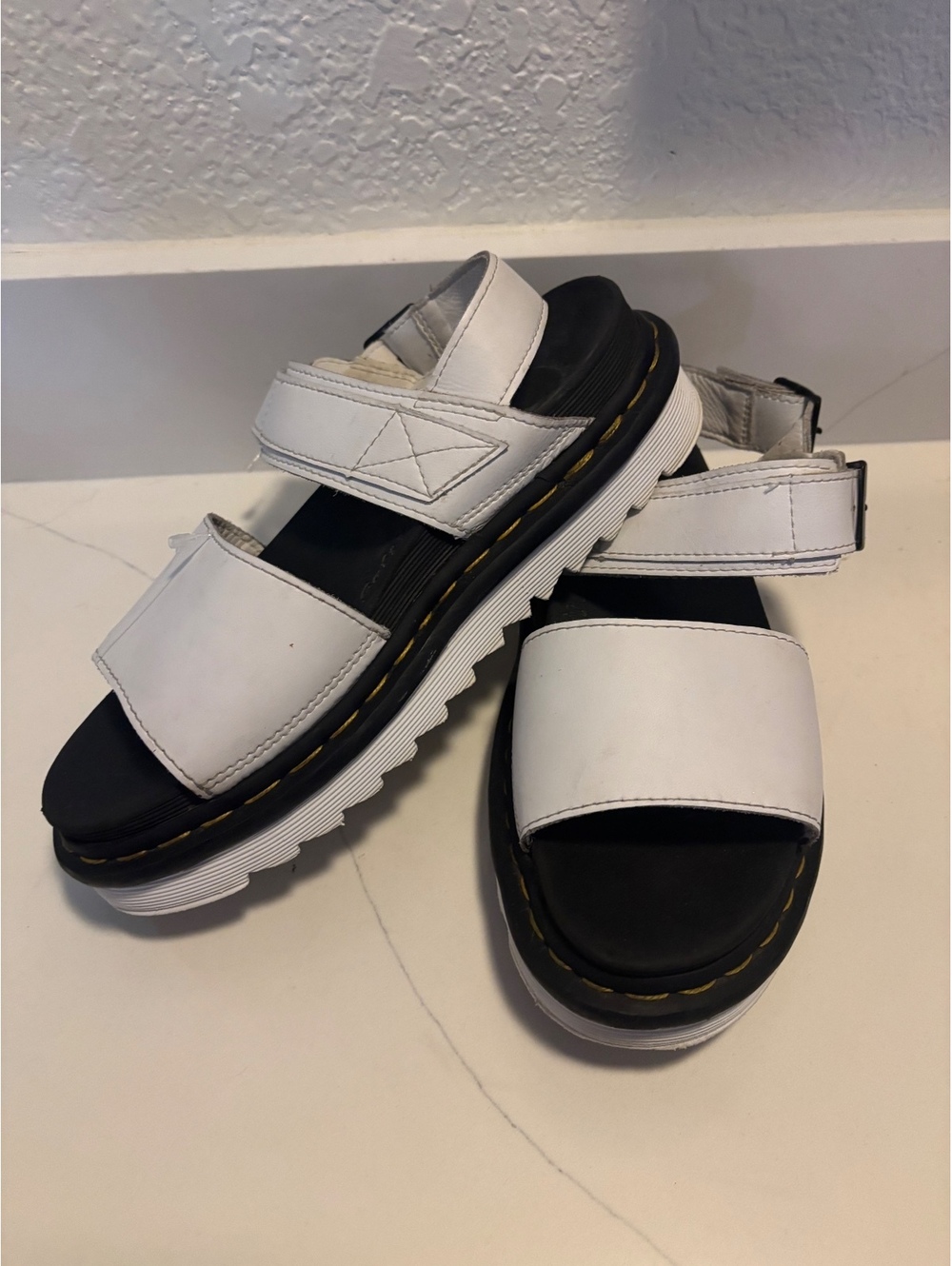 Dr. Martens Voss Quad Platform White Leather Strap Sandals Adjustable Buckle